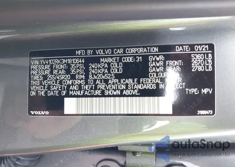 2021 Volvo Xc60 T5 Momentum z USA, uszkodzony, nr VIN YV4102RK3M1810644